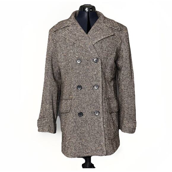 Eddie Bauer Women Medium Wool Pea Coat Double Breasted Tweed Black White Jacket - Picture 1 of 9